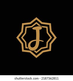 Letra J dentro del logo de la estrella del oro. Icono de premio 3d. Plantilla de logotipo dorado. Ilustración del vector de volumen.