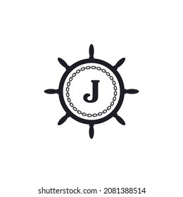 Letter J Inside Ship Steering Wheel and Circular Chain Icon for Nautical Logo Inspiration