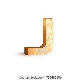 Letter J. Isolated geometric wood texture font. 3d wooden material type alphabet symbols. Vector illustrations