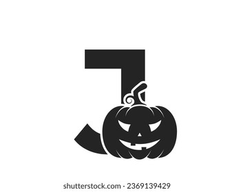 letter j with jack o lantern. halloween and autumn alphabet logotype symbol. pumpkin face isolated vector image
