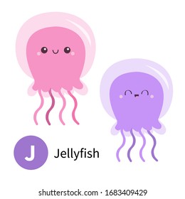 Letter J. Jellyfish. Zoo animal alphabet. English abc with cute cartoon kawaii funny baby animals. Education cards for kids. Isolated. White background. Flat design. Vector illustration