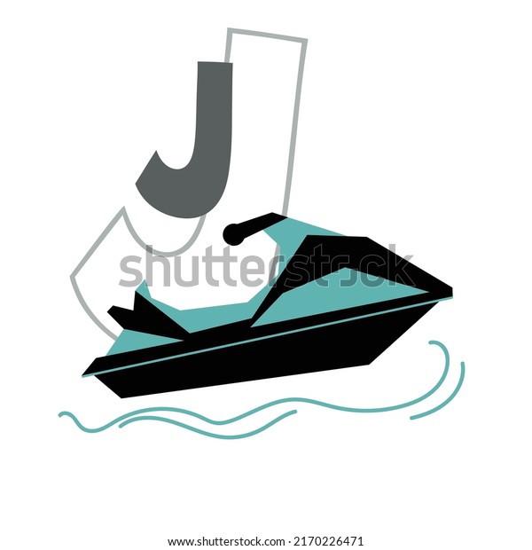 Letter J and\
jet water bike. Children ABC poster with transport. Jet water bike\
for kids learning English\
vocabulary
