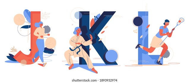 Letter J for jogging, K for karate and L for lacrosse game. Educational collection with female characters doing sport activities on white background. Vector illustration