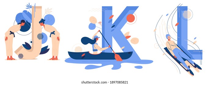 Letter J for judo, K for kayaking, L for luge isolated on white. Vector educative collection with women sport characters training and riding kayak and sled