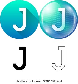 Letter J (Juliett) Capital Uppercase Modern English Alphabet Icon Set of Circular Round Long Shadow, Futuristic Bubble, Black-White Silhouette, Line Art Isolated on White Background