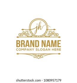 Letter J and K Luxury Logo template flourishes calligraphic elegant ornament line art vector illustration