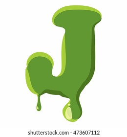 Letter J from latin alphabet with numbers and symbols made of green slime. Font can be used for Halloween design and other purposes