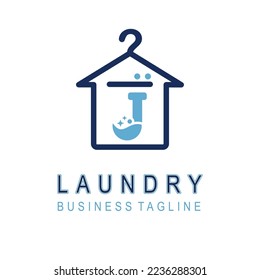 Letter J for Laundry Business Logo Design Idea Template with House and Hanger Icon. Dry Cleaning Clothes Wash Machine