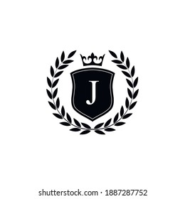  Letra J laurel logo de la plantilla de corona de lujo carta escudo con corona. Alfabeto monograma . Hermosa carta de iniciales reales.