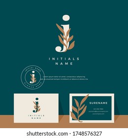 letter J with leaf Beauty vector logo design of initial wedding, fashion, boutique, floral and botanical logotype with business card template