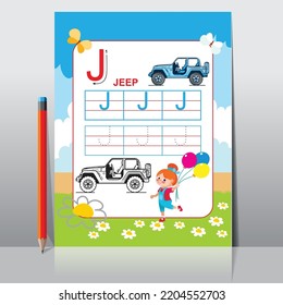 Letter J Learning Kids alphabet activity. Worksheet for learning alphabet. Handwriting practice sheet. Basic writing.