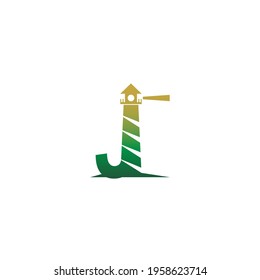 Letter J with lighthouse icon logo design template vector 