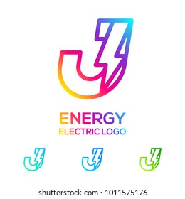 Letter J Line Monogram Colorful logotype with Thunder Electric logo, Energy, Power, Flash, Lighting Bolt concept for your Technology and Digital Corporate identity