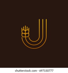 Letter J Line style logotype with wheat, rice organic grain products and healthy food vector illustration