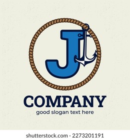 Letter J logo with anchor illustration logo design template, nautical logo concept, vintage style.