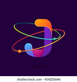 Letter J logo with atoms orbits lines. Bright vector design for science, biology, physics, chemistry company.