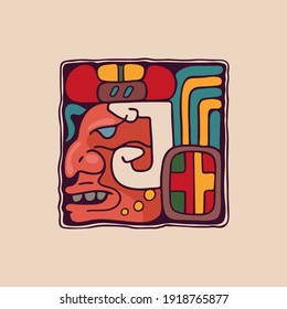 Logo de la letra J en estilo azteca, maya o inca. Símbolo nativo americano con rostro de guerrero o de dios. Perfecto para etiquetas étnicas, emblema deportivo, diseño de tatuajes e identidad tribal, etc.