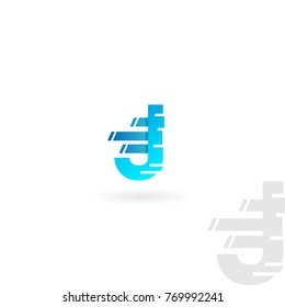 Letter J logo. Blue distorted vector icon. Speed concept font.