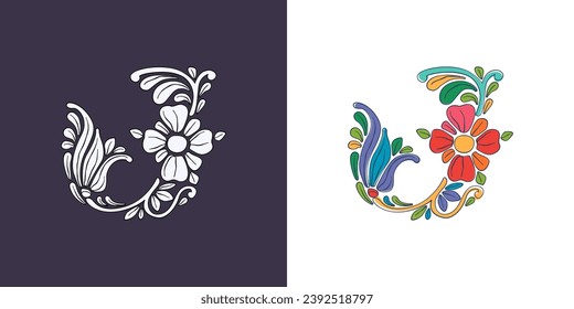 Letter J logo with botanical and flower pattern. Traditional leaves and curved lines embroidery ornament. Icon for wedding ceremony, vintage greeting cards, birthday identity and party invitations.