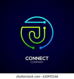 Letter J logo, Circle shape symbol, green and blue color, Technology and digital abstract dot connection