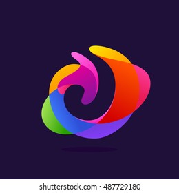 Letter J logo at colorful multicolor splash background. Negative space design. Vector elements for posters, t-shirts and cards. 