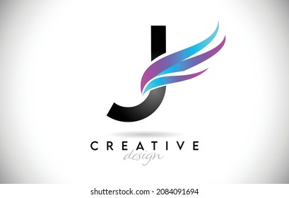 Letter J Logo with creative gradient swooshes. Creative elegant Letter J design with colorful blue purple Vector Icon. 
