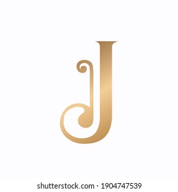 Letter J logo. Decorative creative typographic icon isolated on white background. Symbol icon for beauty, spa, cosmetics, elegant, luxury brand. Alphabet initial. Shiny metallic gold color. Swirl element.