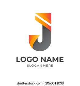 letter J logo design with 3d orange and silver color style