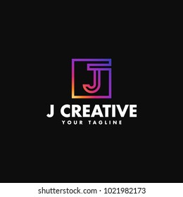 Letter J logo design coloful smooth gradient color enclosed in a square. Creative Overlapping logo template, emblem for Business Card