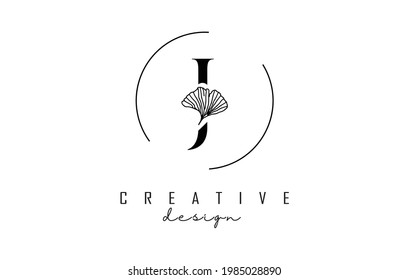 Letter J logo design with leaf detail and circle frame. Vector Illustration with Botanical elements. Nature template with J letter for personal branding, corporate, business, eco or natural products. 