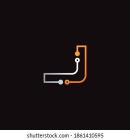 Plantilla de diseño del logotipo de la letra J, diseño de vector de conexión de punto de tecnología abstracta