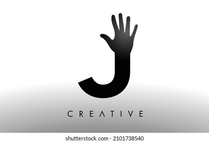 Letter J Logo with Hand Vector Icon Illustration. Creative Hand Logo Letter in Black and White with hand silhouette.