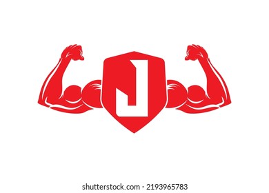 Letter J logo icon design template elements, with bicep flex and shield.