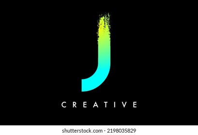 Letter J Logo Icon Design with Rounded Shape and Artistic Brush Stroke Ending. Letter j in Green Blue Electric Vibrant Color Vector Illustration.