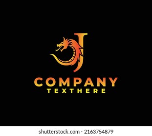 letter J logo icon with dragon design vector-fire color black background