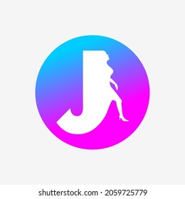 Letter J Logo, Letter Icon And Walking Woman In Blue Pink Dots. Creative Logo Icon