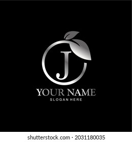 letter J logo and leaf circle. premium vector letter J with silver luxury color leaf. letter J metal model