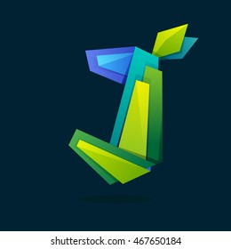 Letter J logo in low poly style with green leaves. Ecology vector design for presentation, web page, app icon, card, labels or posters.