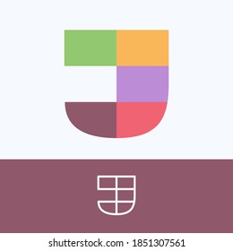 Letter J logo made of block pattern with pretty dim colors. Vector template perfect to use in a cute corporate identity, greeting packaging, wedding posters, clothes design, and others. 