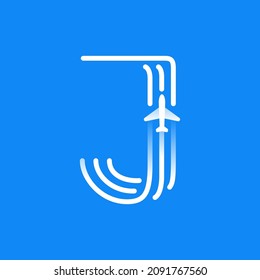 Letter J logo is made of three parallel lines with a plane icon. Vector emblem for a travel app, jet company identity, and shipping advertising.