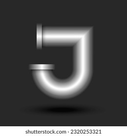 Letter J logo monogram 3d line pipe shape metal construction with flanges, silver colored creative typography identity, metallic logotype industrial style design.
