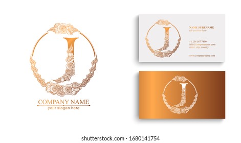Letter J logo or monogram. For your business. Vector sign. Floral style, beautiful roses. Personal logo.
