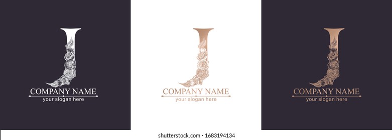 Letter J logo or monogram. For your business. Vector sign. Floral style, beautiful roses. Personal logo.