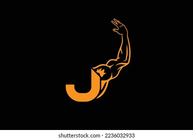 Letter J Logo With muscular open  Back Double Biceps shape. Fitness Gym logo.