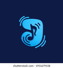 Letter J logo with musical note. Vector negative space style icon for Sound media company, Audio magazine, Song and Dance  poster.