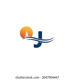 Letter J logo with ocean landscape icon template vector