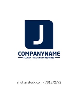letter J logo on a rectangular blue background. Initial letter uppercase Square shape negative design logo. White and Blue