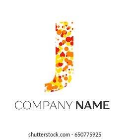 Letter J logo with orange, yellow, red particles and bubbles dots on white background. Vector template for your design