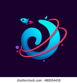 Letter J logo with planet, rocket and orbits lines. Bright vector design for science, biology, physics, chemistry company.