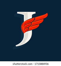 Letter J logo with red wing. Classic serif font with shadow made of lines. Vector icon perfect for sport labels, shipping posters, power identity, etc.